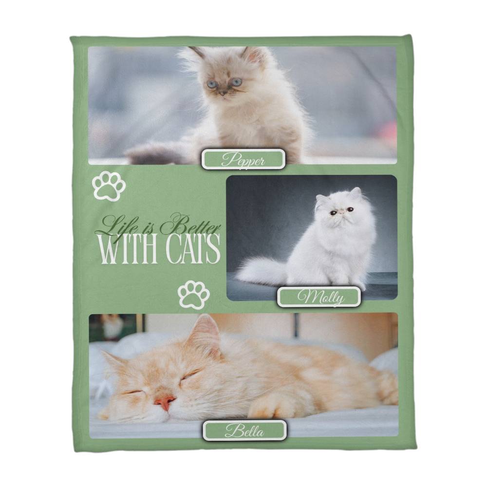 Personalized Multi-Cat Photo Blanket - Custom Cat Collage Fleece Blanket - 2-5 Cats Names & Photos