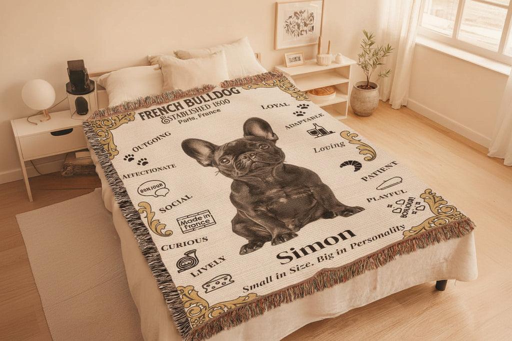 Personalized French Bulldog blanket on a bed with decorative elements.  Personalized with your Frenchie's Name and photo,