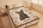 Personalized French Bulldog blanket on a bed with decorative elements.  Personalized with your Frenchie's Name and photo,