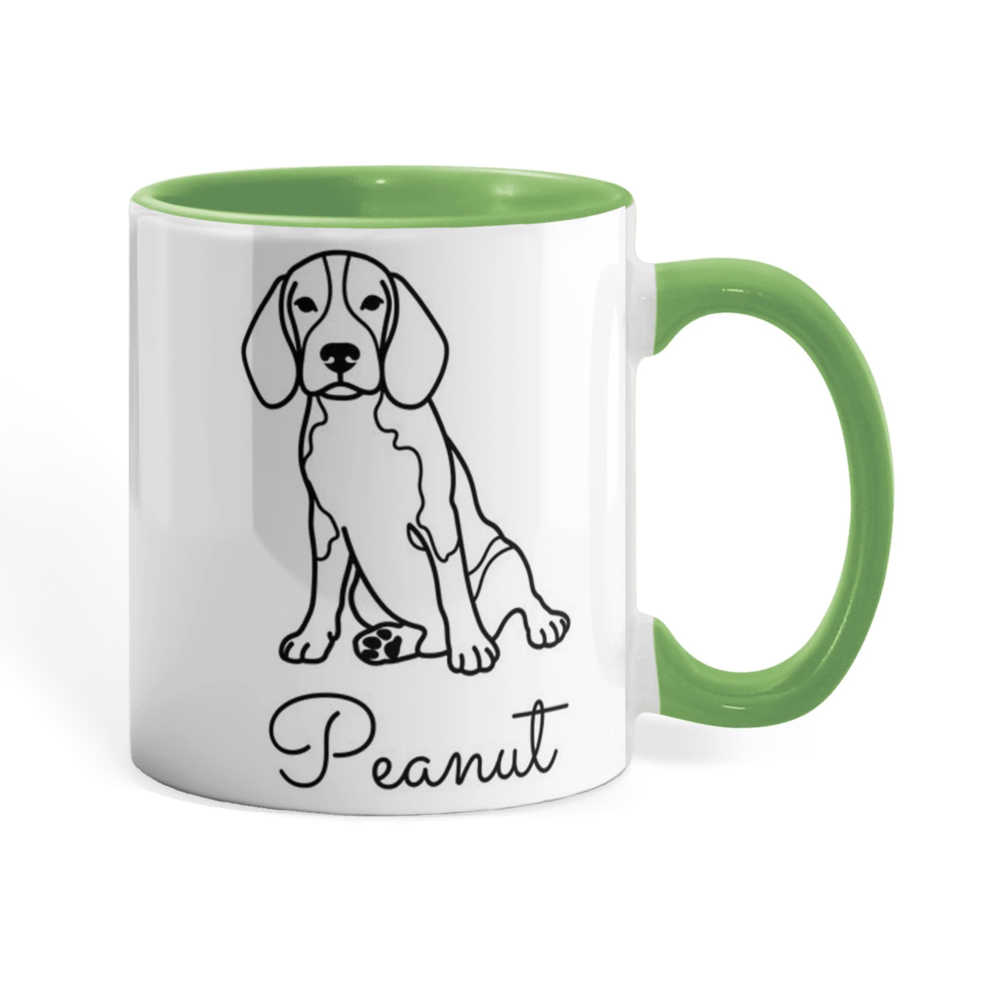 Mug with a dog illustration and 'Peanut' text, green interior and handle