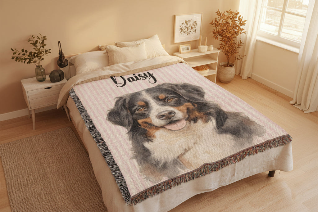 Blanket with a dog's face and name 'Daisy' on a bed in a room.