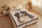 Blanket with a dog's face and name 'Daisy' on a bed in a room.