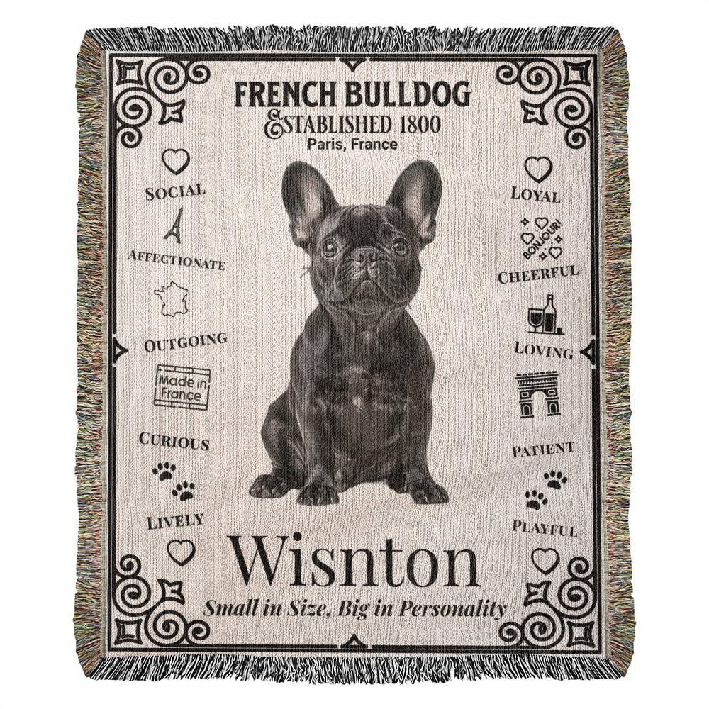 Woven blanket with a French Bulldog illustration and text about the breed on a beige background.Personalized with your Frenchie's photo and name.