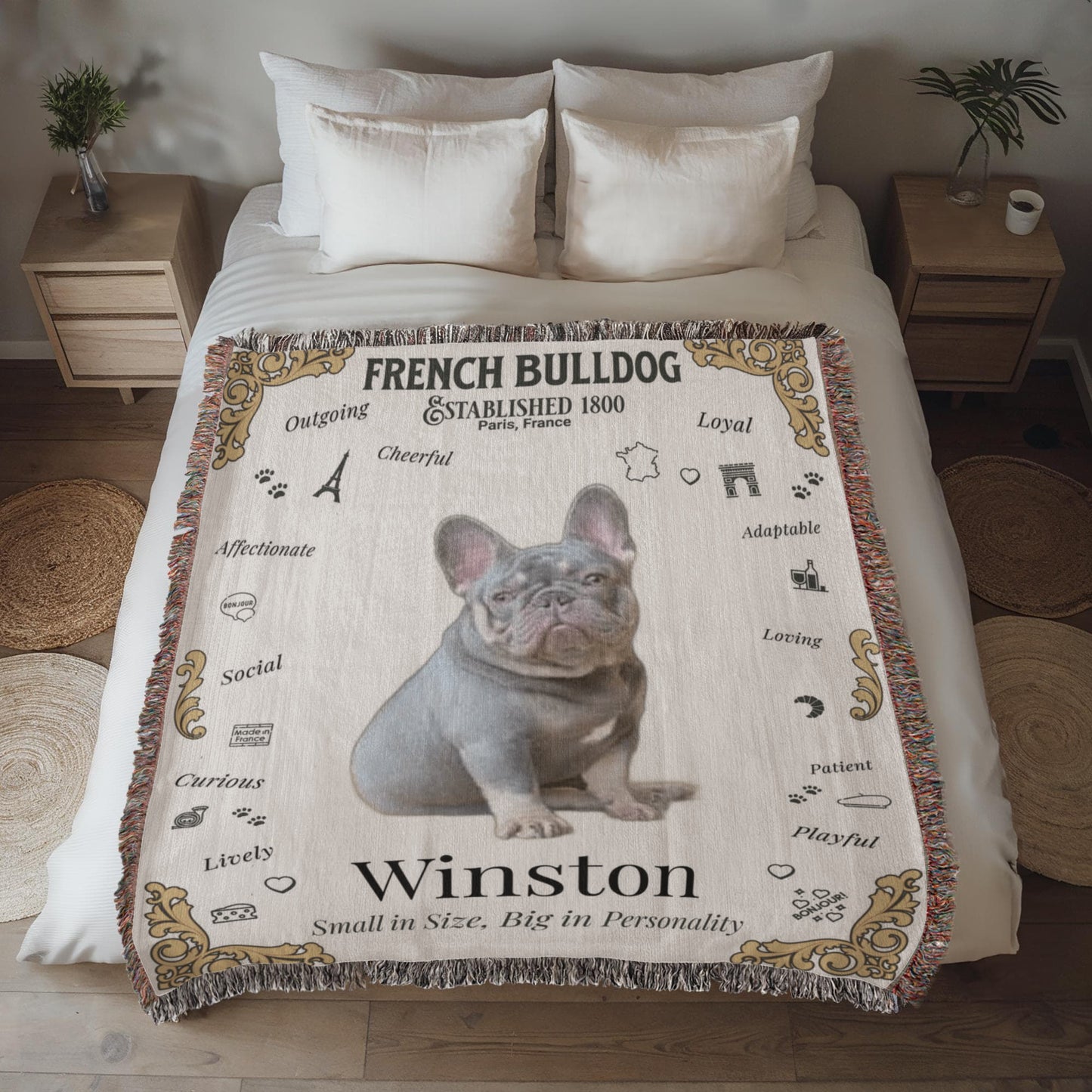 🐾 My Little Buddie Heirloom Woven Blanket – French Bulldog Edition - Gold Embellishment