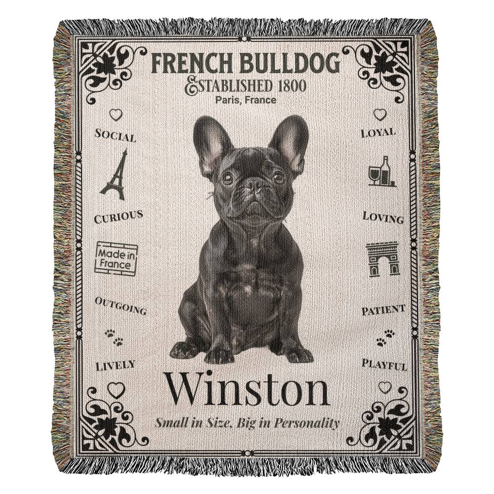 Woven blanket with a French Bulldog illustration and text on a beige background. Personalized with the name and photo of your Frenchie.
