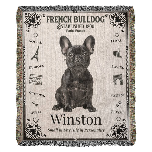Woven blanket with a French Bulldog illustration and text on a beige background. Personalized with the name and photo of your Frenchie.