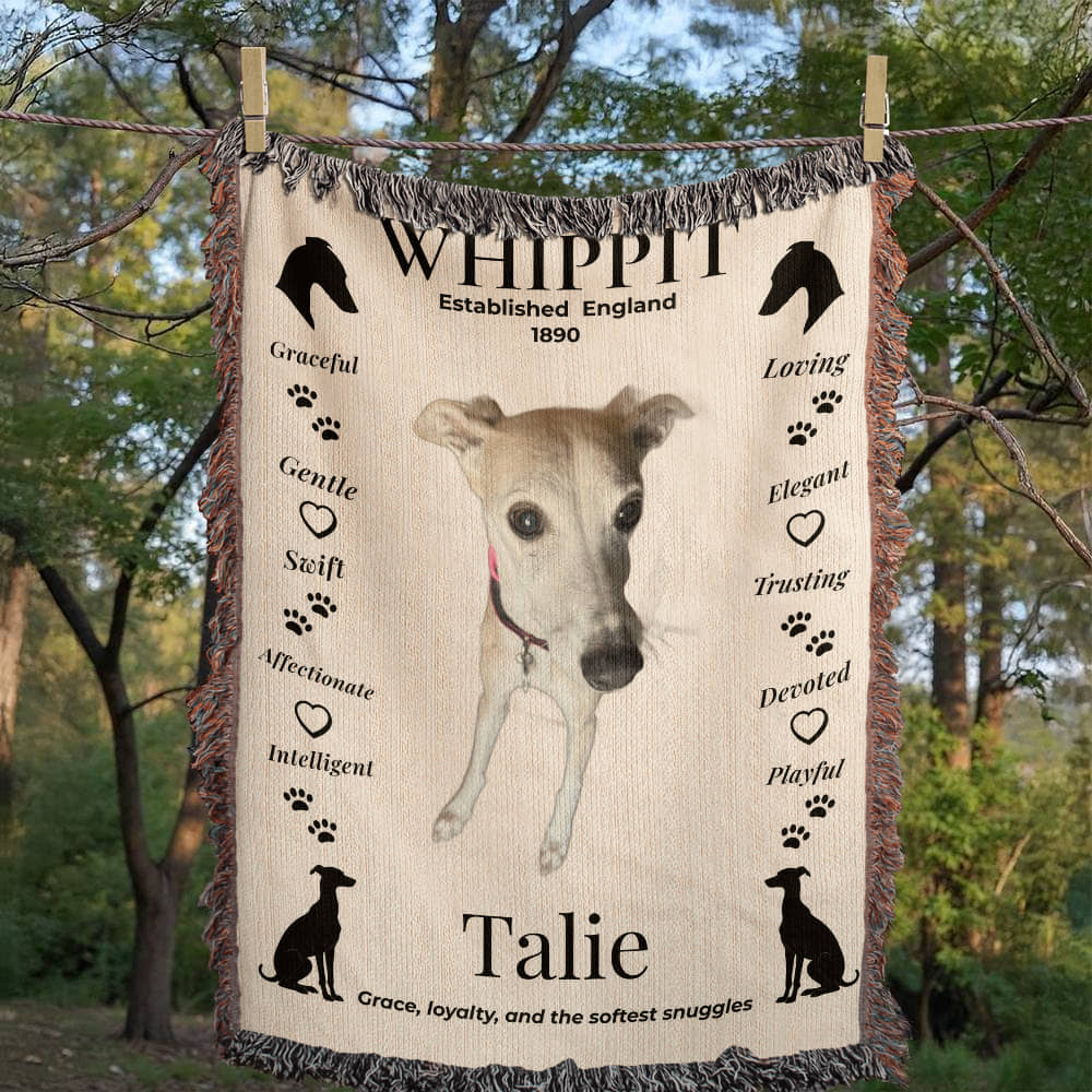 Blanket with a whippet design and text, displayed outdoors. Personalize your woven blanket with your favorite photo of your Whippit.