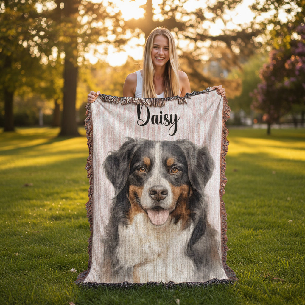 Woman holding a blanket with a dog's face and the name 'Daisy' outdoors.