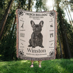 Person holding a French Bulldog-themed woven blanket with 'Winston' in a forest setting.Personalized with the name and photo of your Frenchie.