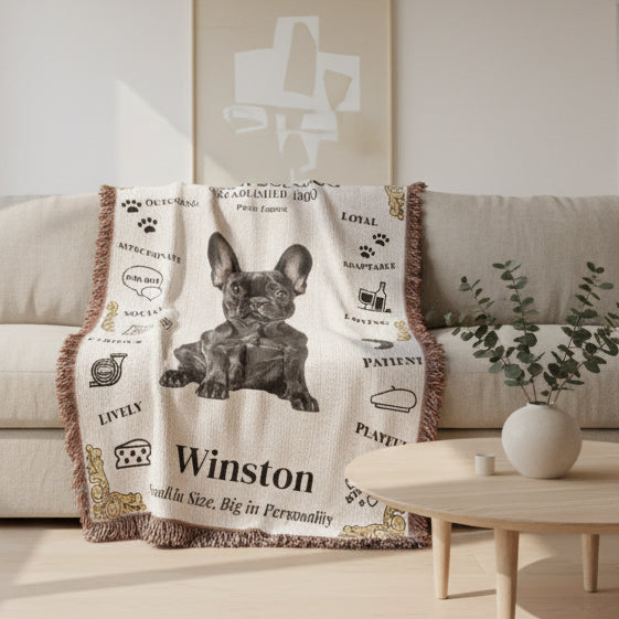 a woven blanket with a French Bulldog design and text outdoors.Personalized with your Frenchie's Name and photo,