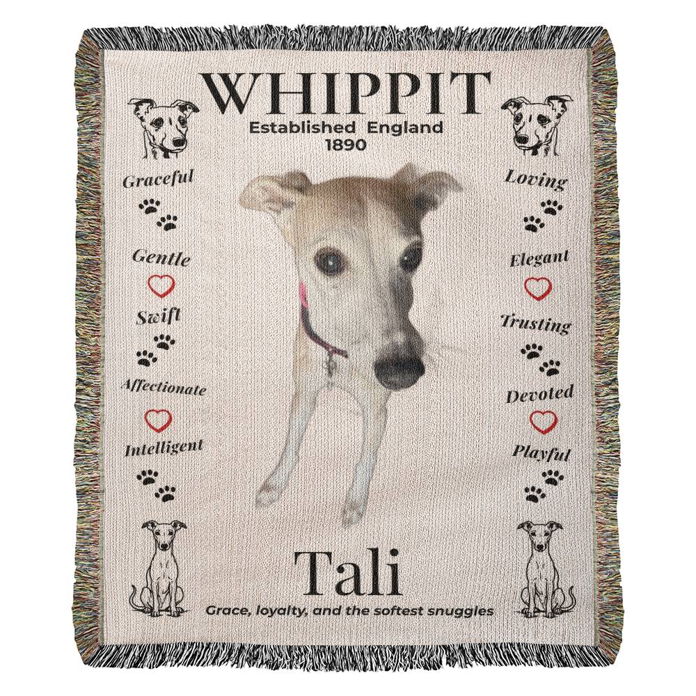Blanket with a whippet illustration and text on beige. Personalize your woven blanket with your favorite photo of your WhippitPersonalize your woven blanket with your favorite photo of your Whippit.