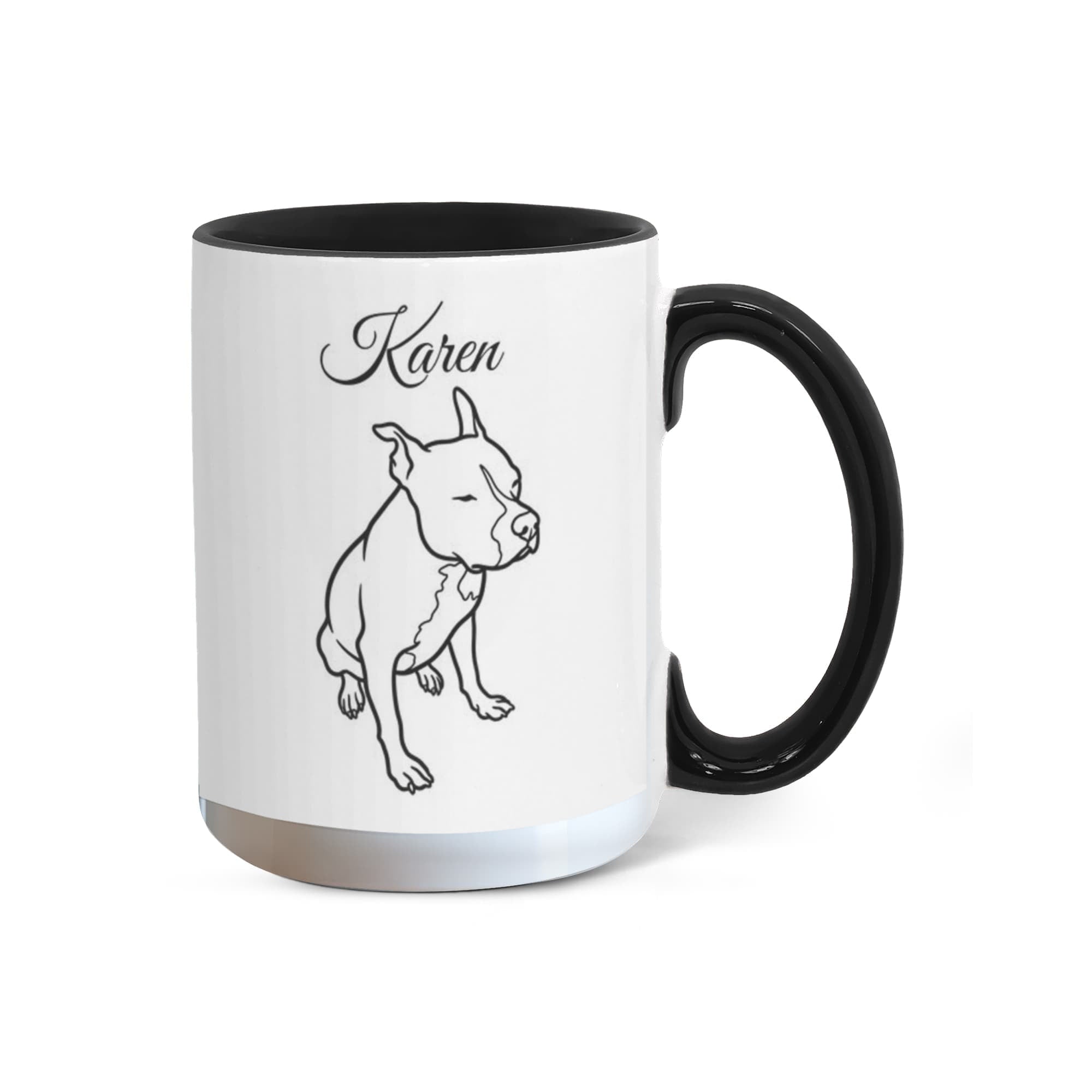 Mug with a dog illustration and 'Karen' text on a white background