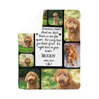 Memorial blanket with photos of a dog and a quote, on a white background