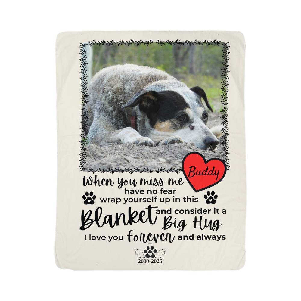Personalized blanket with a dog photo and text message on a white background