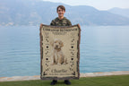 boy holding a blanket with a Labrador Retriever design and text outdoors. Personalize your woven blanket with your favorite picture of your Lab and their name.