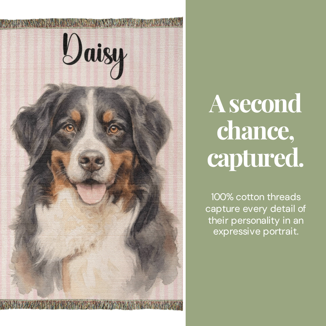 Custom Watercolor Pet Portrait Heirloom Woven Blanket - Striped Background