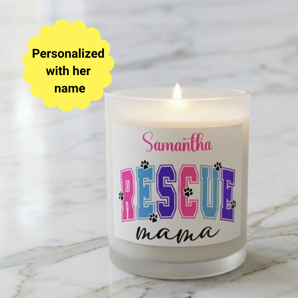 Candle with a personalized label on a marble surface