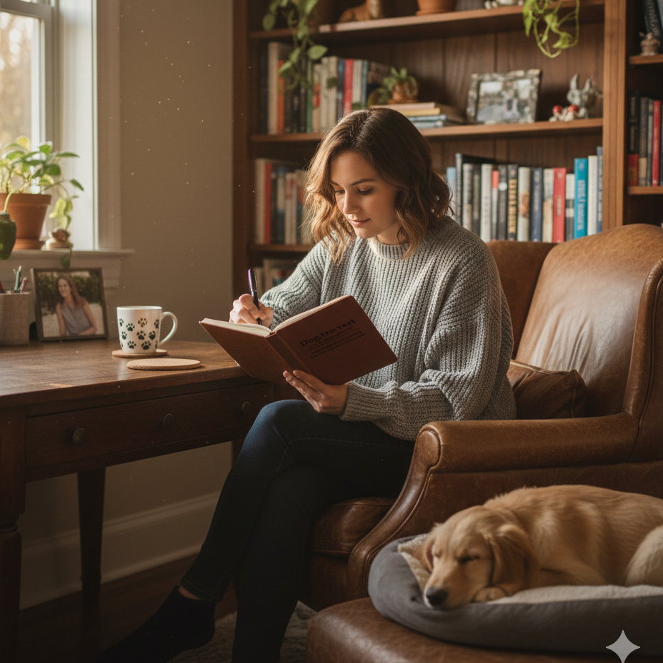Woman reading a book in a cozy living room with a dog on a cushion.