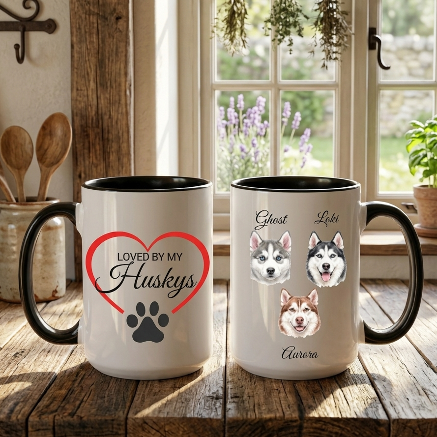 Two mugs with husky designs on a wooden surface in a kitchen.