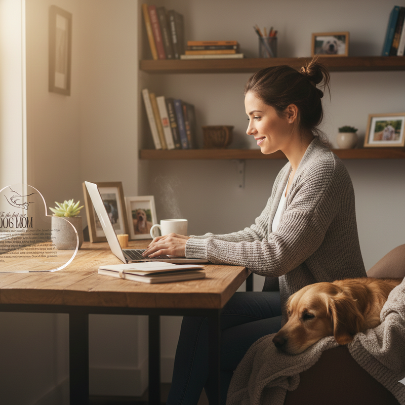 Woman working on a laptop at a desk with a dog sitting nearby