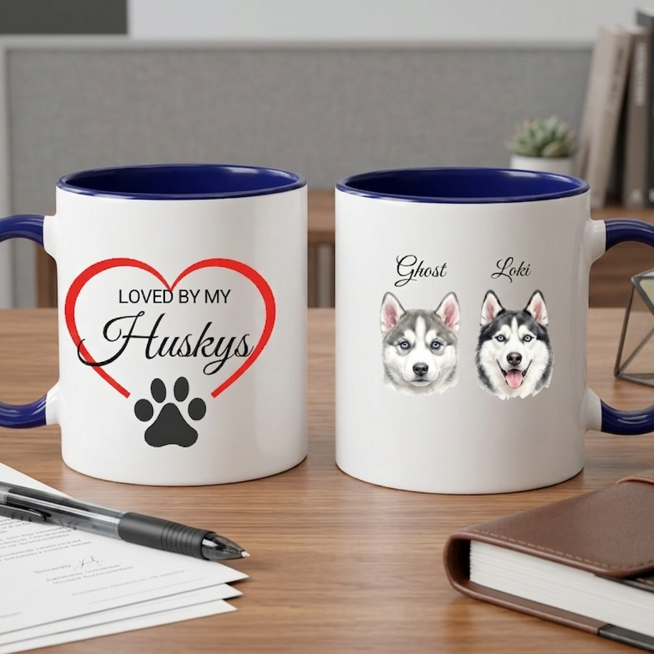 Two mugs with husky designs on a desk with stationery items.