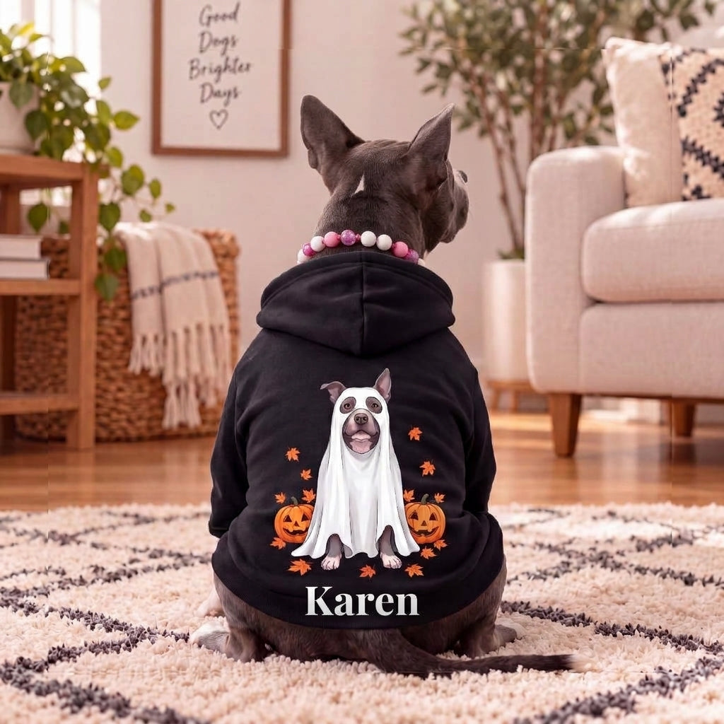 Dog wearing a black personalized Halloween hoodie with a ghost, pumpkins and the name Karen