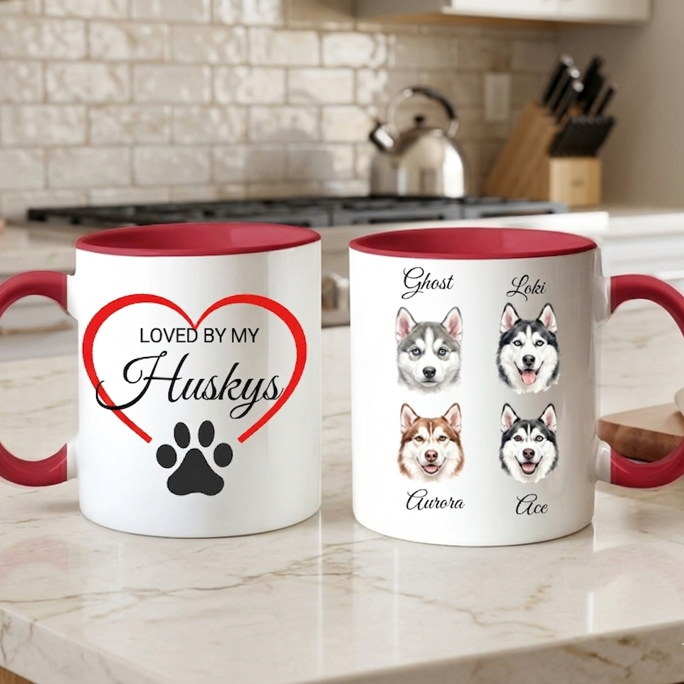 Two mugs with husky designs on a kitchen counter
