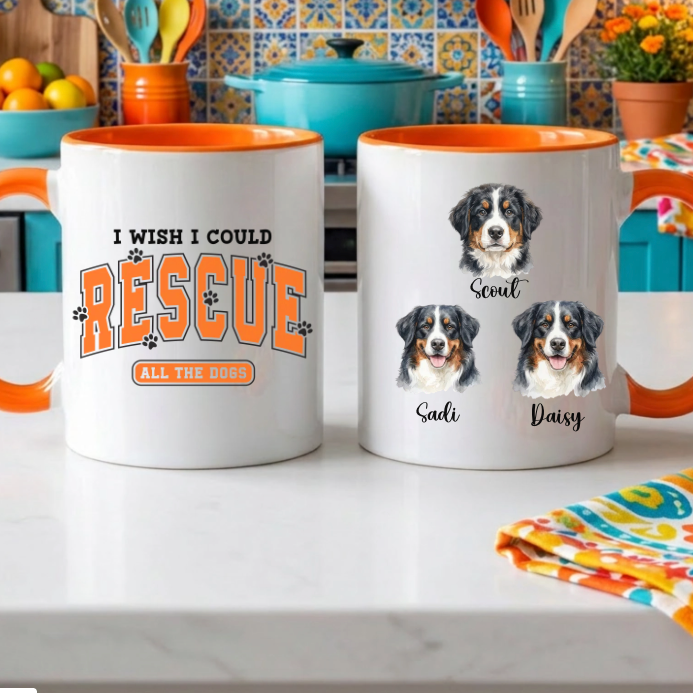 Personalized Rescue Dog Lover Color Accent Mug | Watercolor portrait for 1 - 3 of your special buddies