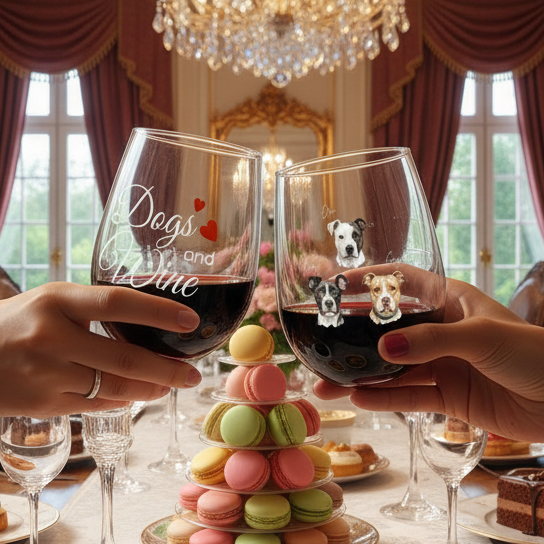 Three wine glasses with dog illustrations held by people, one glass has 'Dogs and Wine' text, with a charcuterie board in the background.