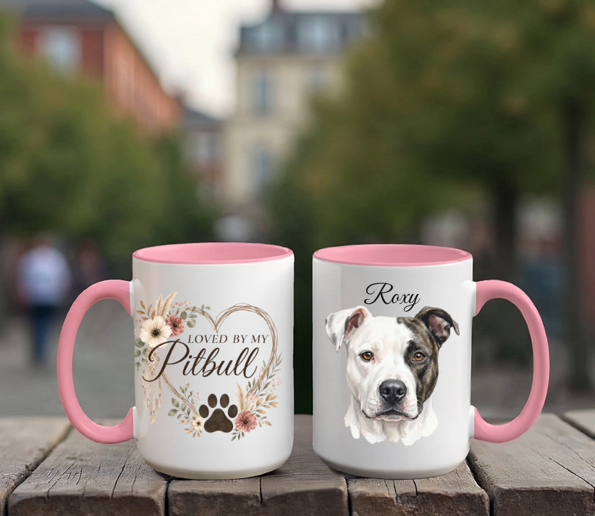 Loved by My Pitbull – Floral Watercolor Portrait Mug