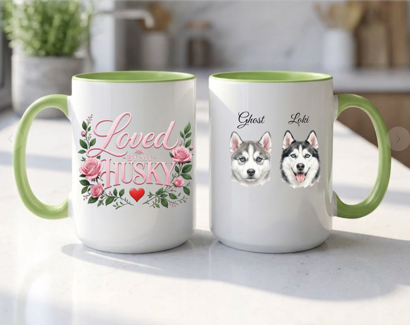 Loved by My Husky – Floral Watercolor Portrait Mug
