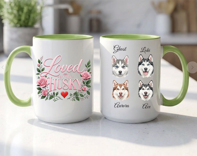 Loved by My Husky – Floral Watercolor Portrait Mug