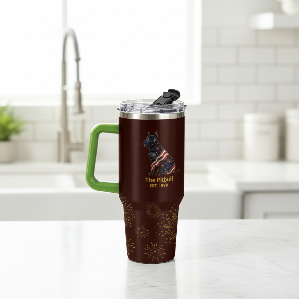 Brown travel mug with green handle featuring a dog design, placed on a table with donuts and condiments.