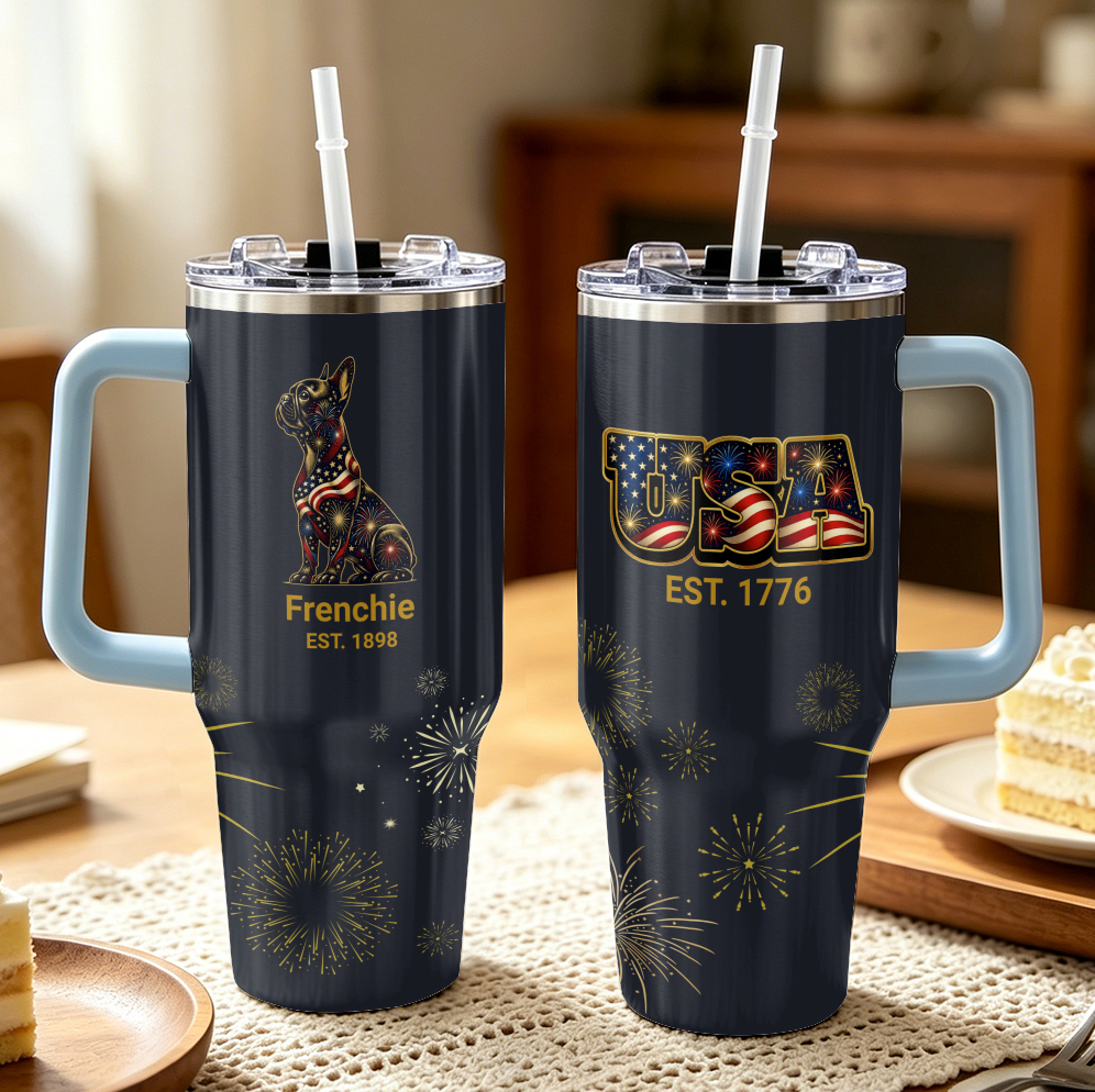 Fireworks French Bulldog – 40 oz. Tumbler with Handle