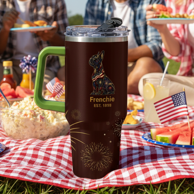 Fireworks French Bulldog – 40 oz. Tumbler with Handle