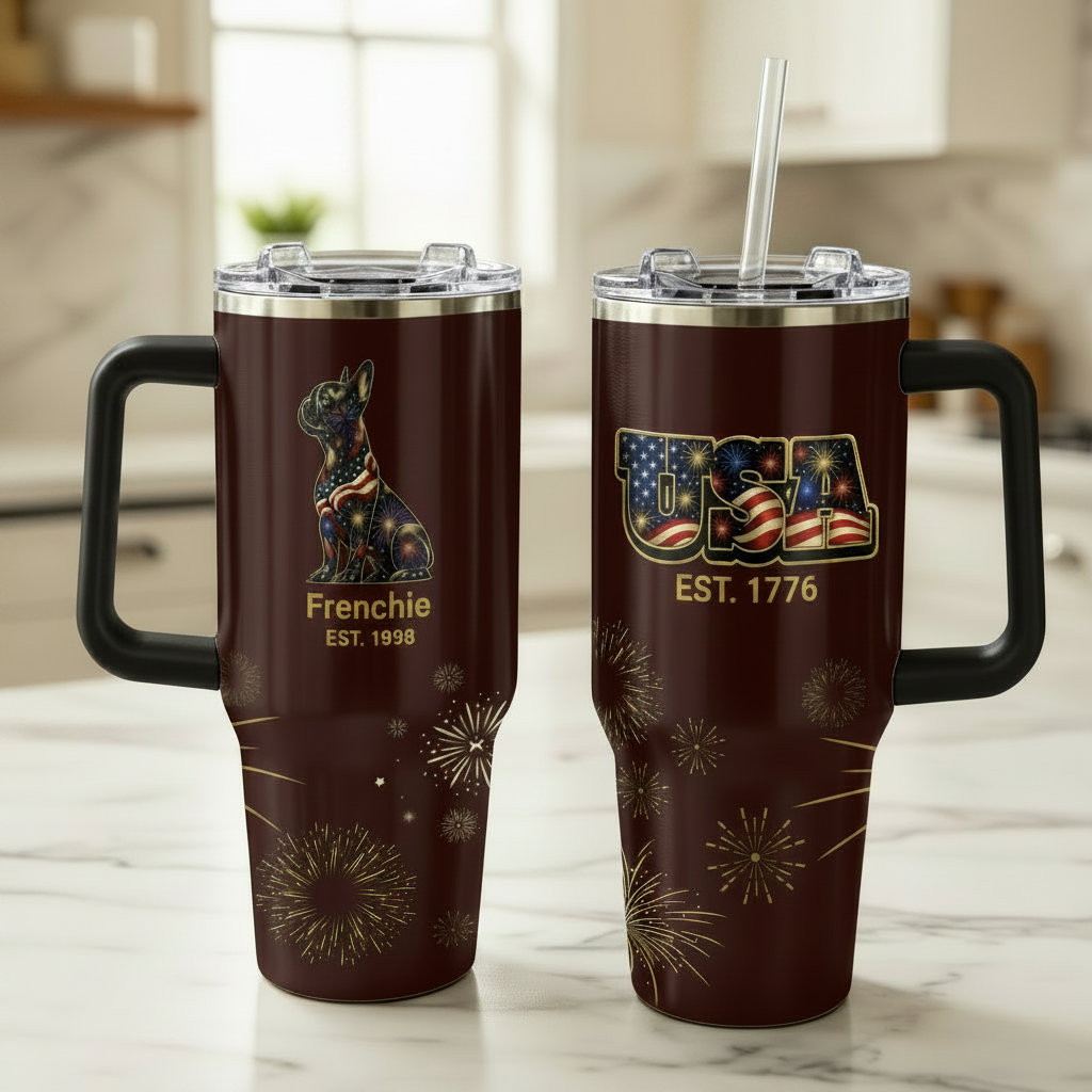 Fireworks French Bulldog – 40 oz. Tumbler with Handle