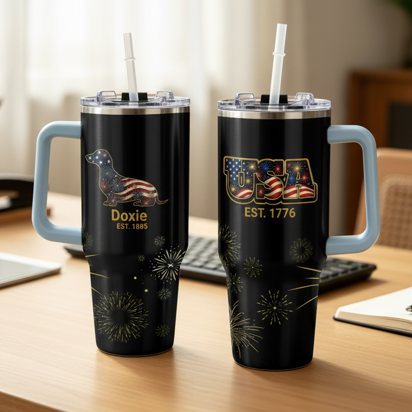 Two black tumblers with handles on a table, featuring patriotic designs.