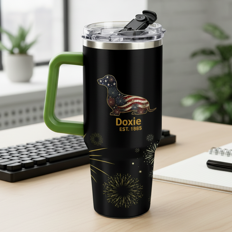 Black travel mug with green handle on a table with donuts and condiments