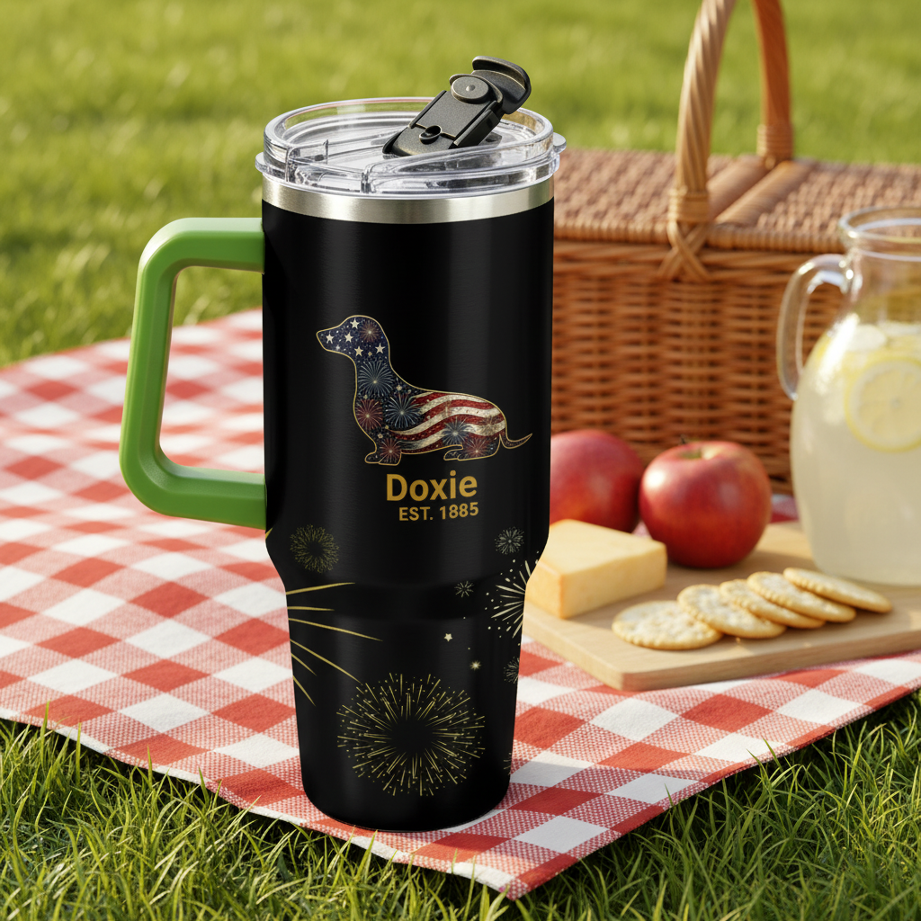 Black travel mug with green handle on a table with donuts and condiments