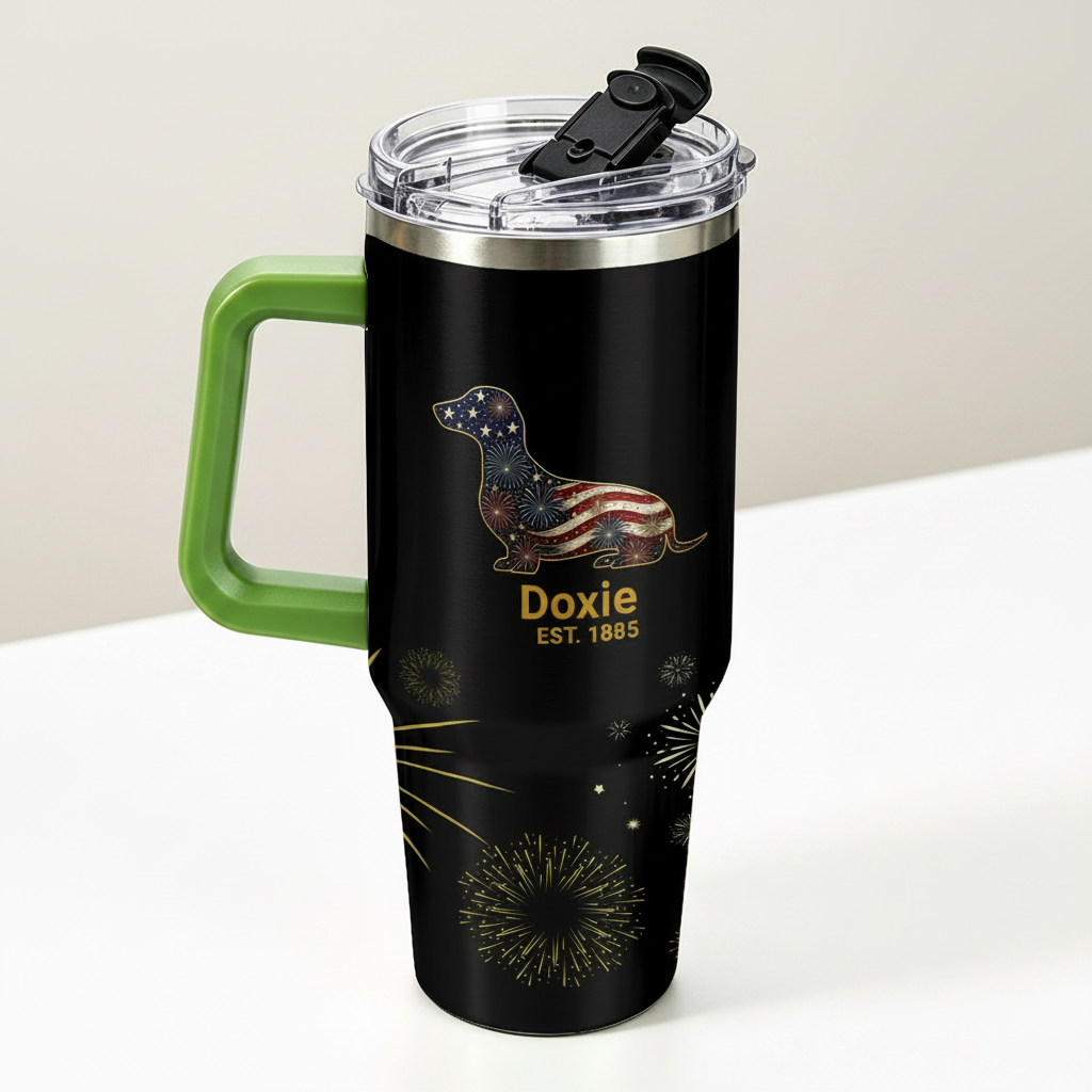 Black travel mug with green handle on a table with donuts and condiments