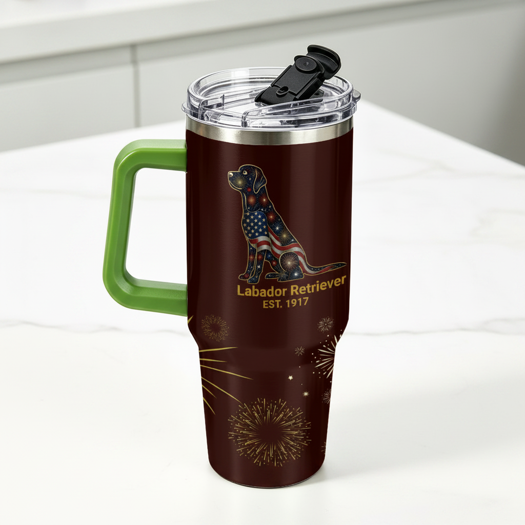 Travel mug with Labrador Retriever design on a table with condiments and donuts