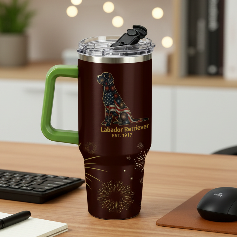 Travel mug with Labrador Retriever design on a table with condiments and donuts