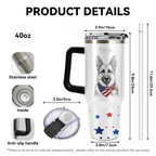 Stainless steel tumbler with a dog design and measurement details on a white background