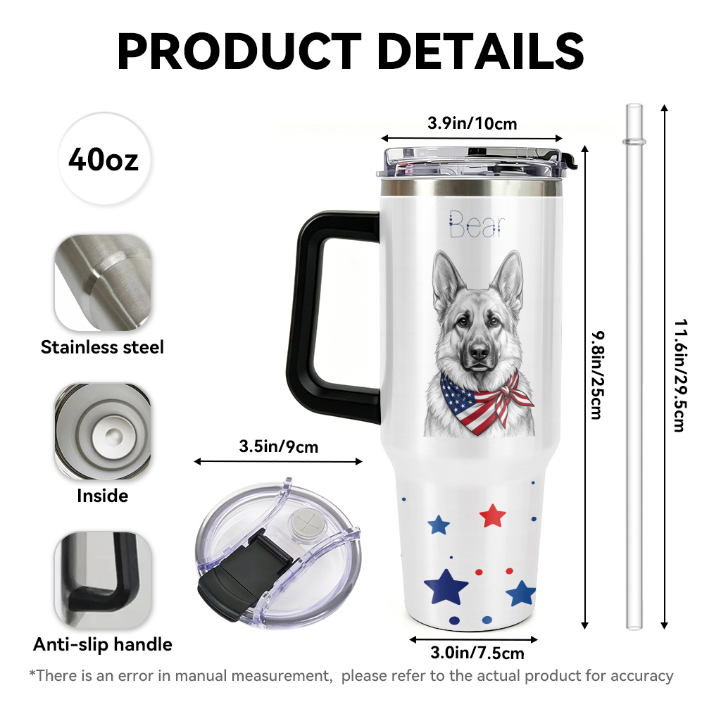 Stainless steel tumbler with a dog design and measurement details on a white background