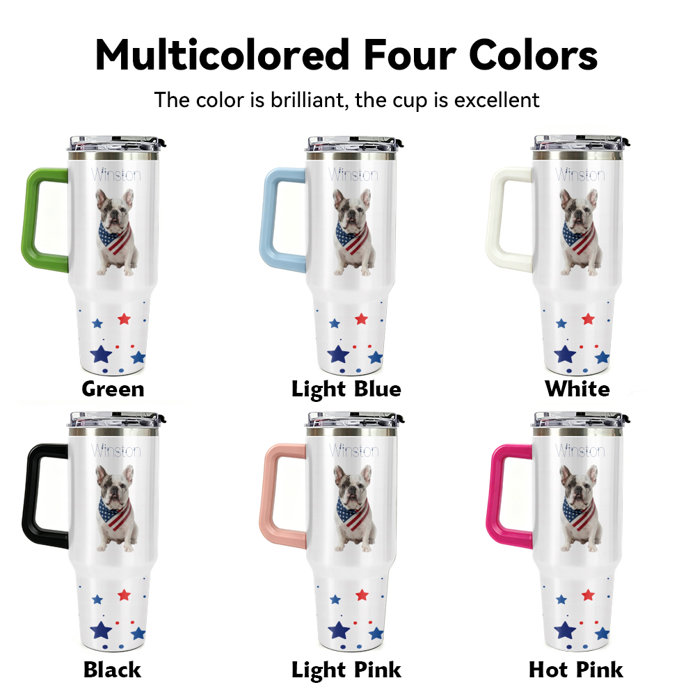Set of six travel mugs with a dog design on a white background, each in a different color.