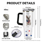 Stainless steel travel mug with handle, featuring a dog and American flag design, and detailed measurements.