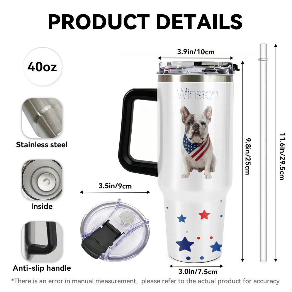 Stainless steel travel mug with handle, featuring a dog and American flag design, and detailed measurements.