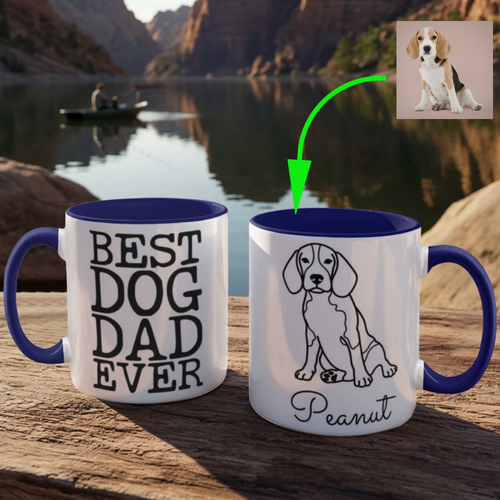 Two mugs with 'Best Dog Dad Ever' and a dog illustration on a wooden surface with a scenic background.