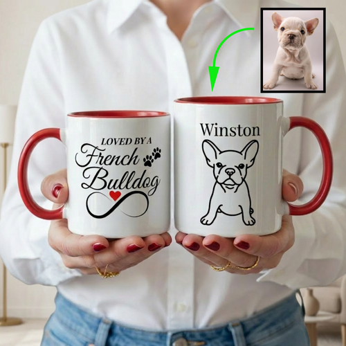 Two mugs held by a person, one with 'Loved by a French Bulldog' text and the other with a dog illustration, with a small inset photo of a French Bulldog.