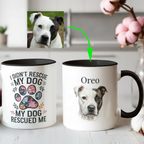 Two mugs with a dog's face printed on one, with text 'I didn't rescue my dog, my dog rescued me' and 'Oreo'.